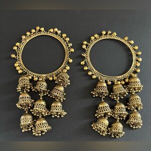 Vtg Indian Jhumka Charm Bangle Bracelets 2 Gold Tone Brass Ethnic Boho Statement